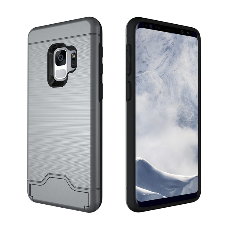 Brushed PC + TPU Hybrid Kickstand Cover with Card Slot for Samsung Galaxy S9 G960 - Grey-5