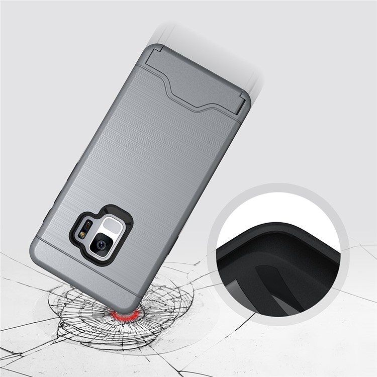 Brushed PC + TPU Hybrid Kickstand Cover with Card Slot for Samsung Galaxy S9 G960 - Grey-8