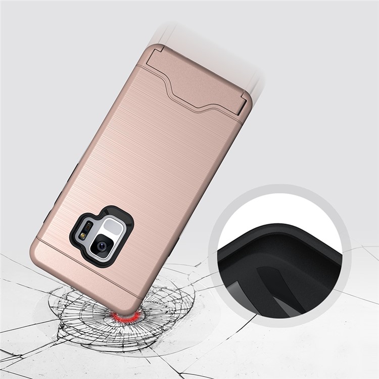 Brushed PC + TPU Hybrid Kickstand Phone Case with Card Holder for Samsung Galaxy S9 - Rose Gold-4