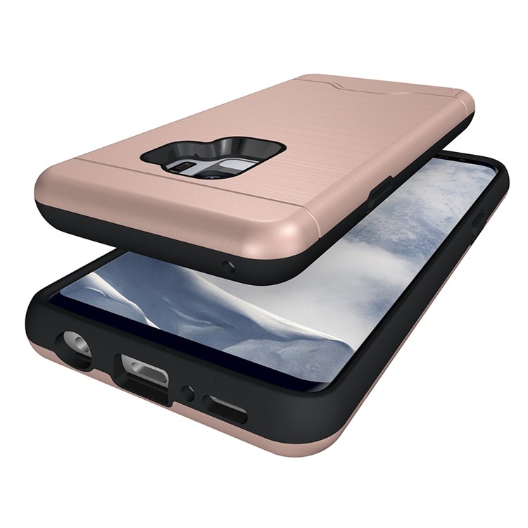 Brushed PC + TPU Hybrid Kickstand Phone Case with Card Holder for Samsung Galaxy S9 - Rose Gold-6