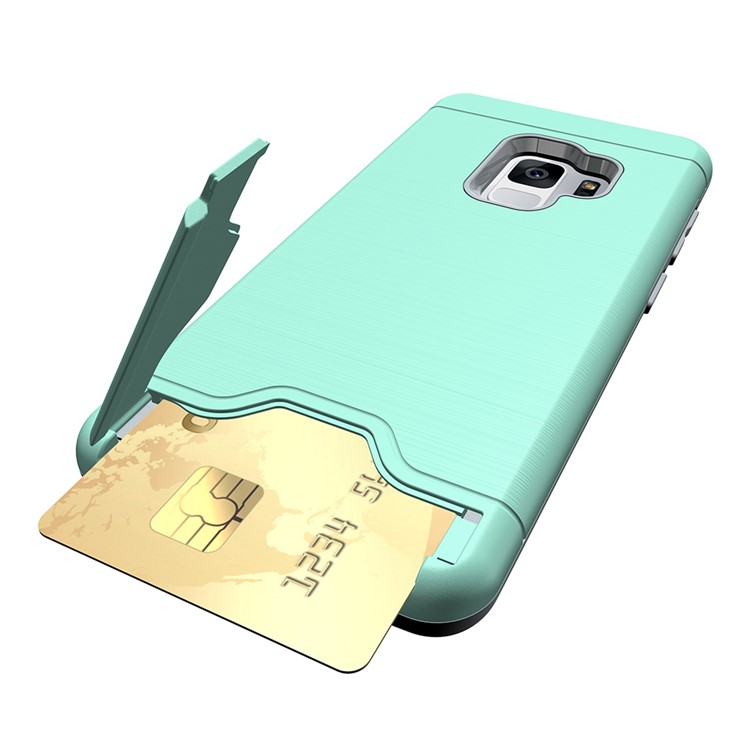 Brushed PC + TPU Hybrid Kickstand Shell Case with Card Slot for Samsung Galaxy S9 - Cyan-2