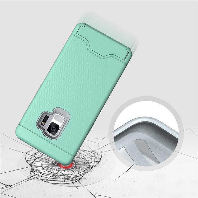 Brushed PC + TPU Hybrid Kickstand Shell Case with Card Slot for Samsung Galaxy S9 - Cyan-4