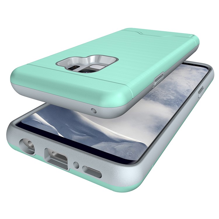 Brushed PC + TPU Hybrid Kickstand Shell Case with Card Slot for Samsung Galaxy S9 - Cyan-6