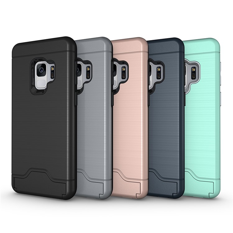 For Samsung Galaxy S9+ G965 Brushed PC TPU Hybrid Kickstand Card Holder Case - Black-11