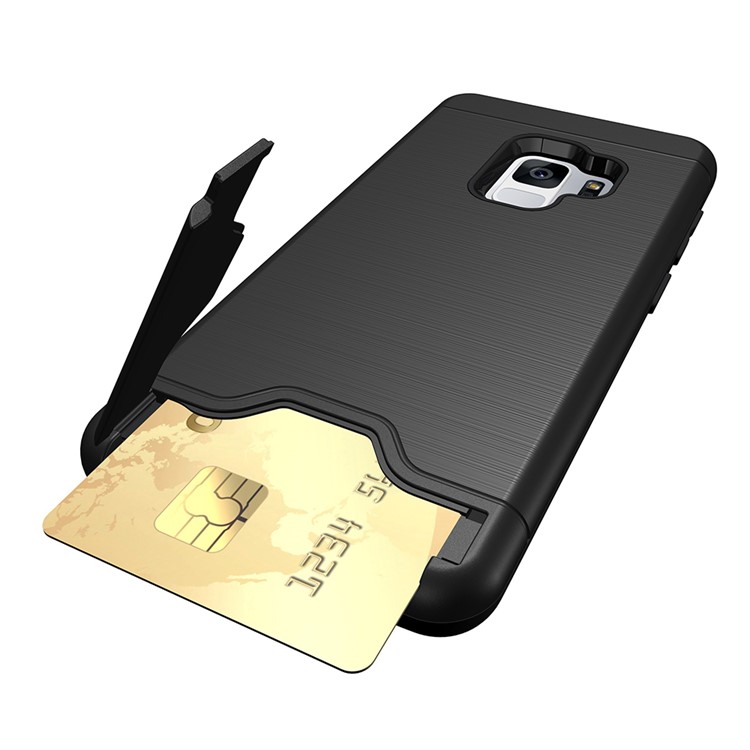 For Samsung Galaxy S9+ G965 Brushed PC TPU Hybrid Kickstand Card Holder Case - Black-2