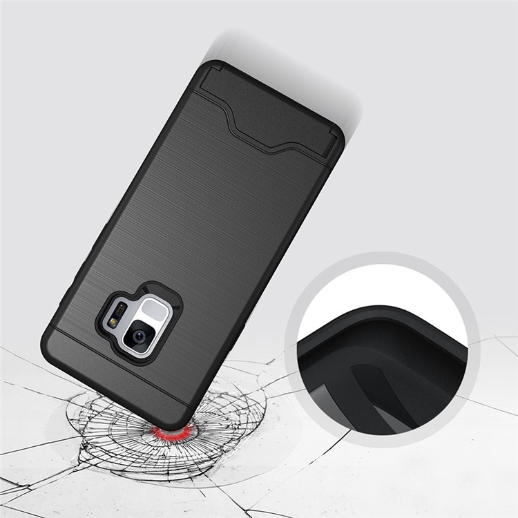 For Samsung Galaxy S9+ G965 Brushed PC TPU Hybrid Kickstand Card Holder Case - Black-4
