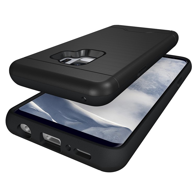 For Samsung Galaxy S9+ G965 Brushed PC TPU Hybrid Kickstand Card Holder Case - Black-6