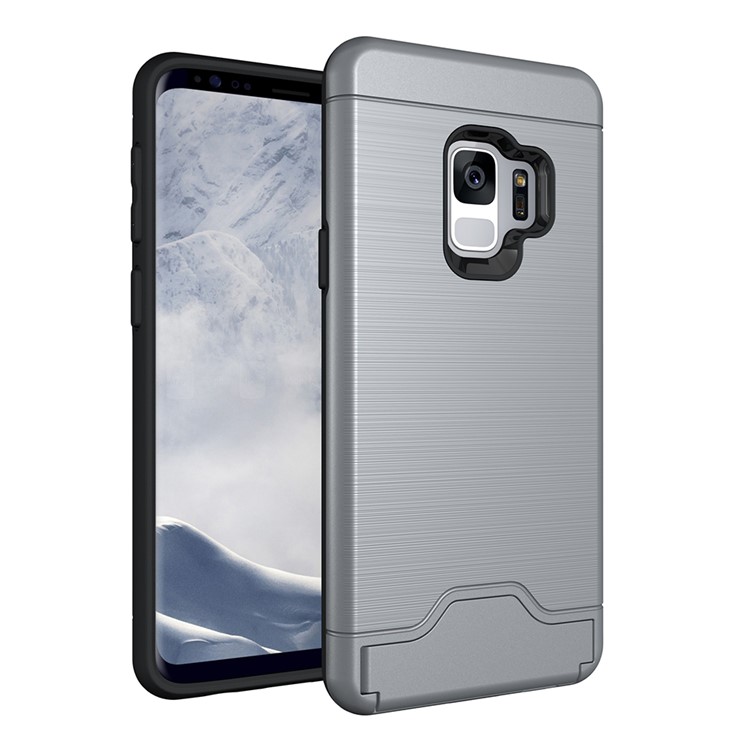 

For Samsung Galaxy S9+ G965 Brushed PC TPU Hybrid Kickstand Card Holder Cover - Grey