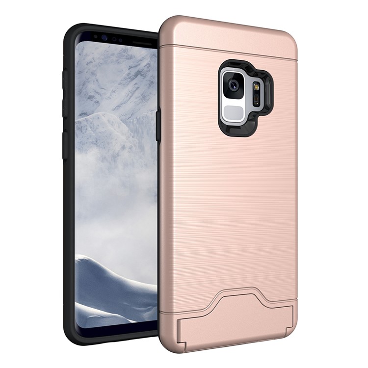 

For Samsung Galaxy S9+ G965 Brushed PC TPU Hybrid Kickstand Card Holder Back Shell Case - Rose Gold