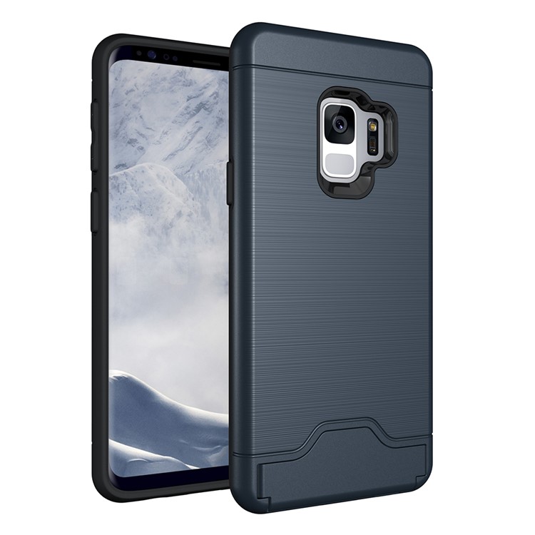 

For Samsung Galaxy S9+ G965 Brushed PC TPU Hybrid Kickstand Card Holder Mobile Phone Cover - Dark Blue