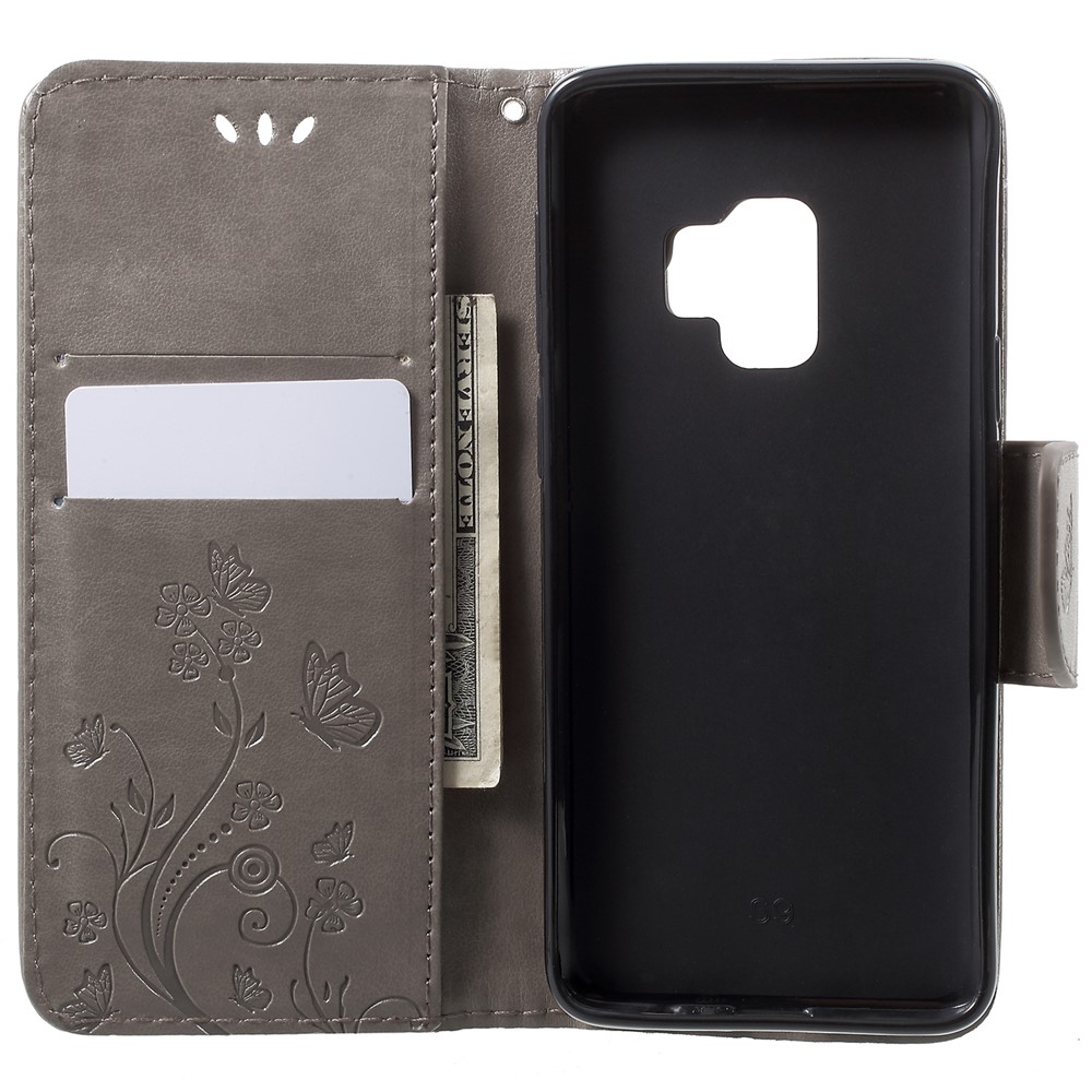 For Samsung Galaxy S9 Imprint Butterfly and Flower Flip Leather Wallet Case - Grey-5