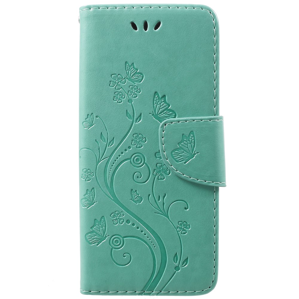 For Samsung Galaxy S9 G960 Imprint Butterfly and Flower Flip Leather Wallet Case Shell - Cyan-1