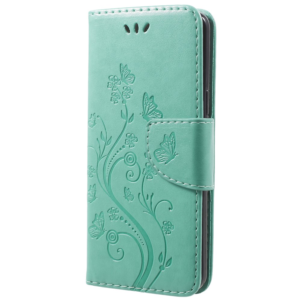 For Samsung Galaxy S9 G960 Imprint Butterfly and Flower Flip Leather Wallet Case Shell - Cyan-2