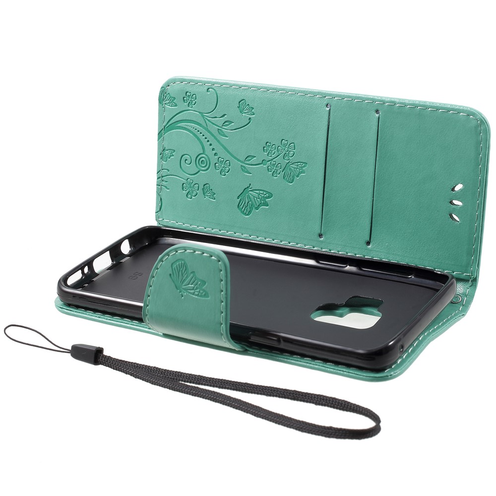 For Samsung Galaxy S9 G960 Imprint Butterfly and Flower Flip Leather Wallet Case Shell - Cyan-5