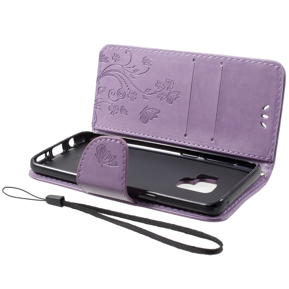 For Samsung Galaxy S9 Imprint Butterfly and Flower Flip Leather Wallet Phone Cover - Light Purple-5