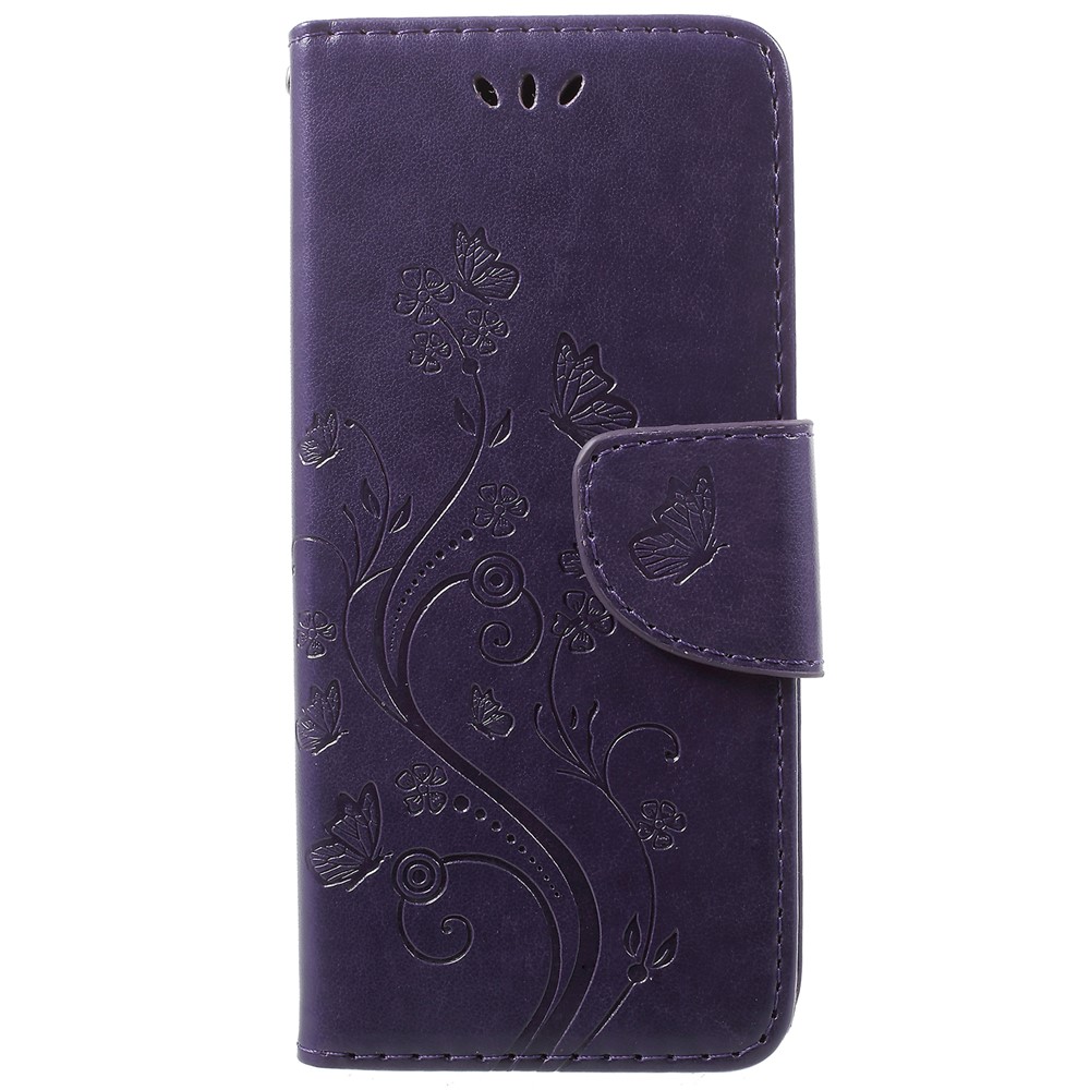 For Samsung Galaxy S9 Imprint Butterfly and Flower Stand Leather Wallet Case Protector - Dark Purple-1