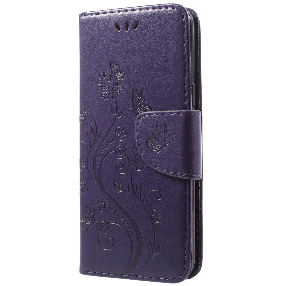 For Samsung Galaxy S9 Imprint Butterfly and Flower Stand Leather Wallet Case Protector - Dark Purple-2