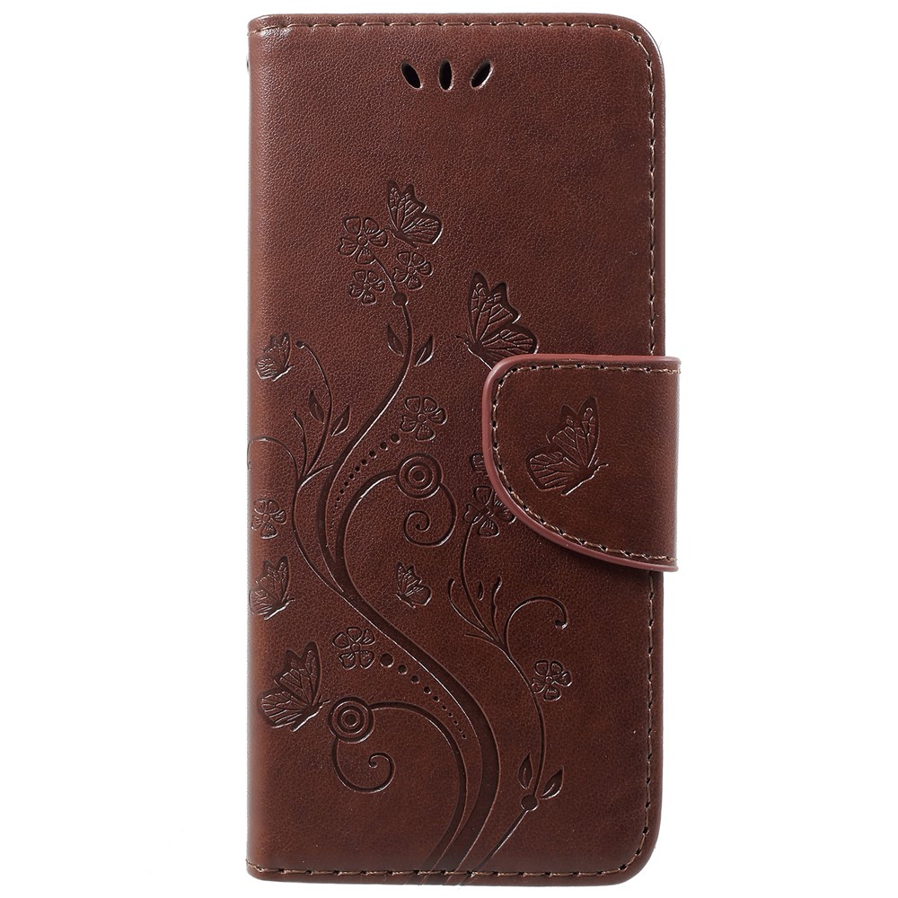 For Samsung Galaxy S9 Imprint Butterfly and Flower Stand Leather Wallet Case Accessory - Brown-1