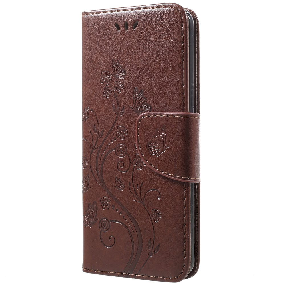 For Samsung Galaxy S9 Imprint Butterfly and Flower Stand Leather Wallet Case Accessory - Brown-2