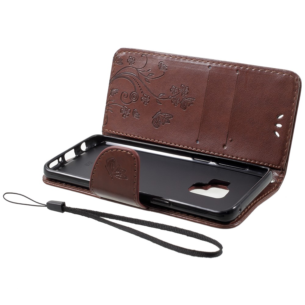 For Samsung Galaxy S9 Imprint Butterfly and Flower Stand Leather Wallet Case Accessory - Brown-5