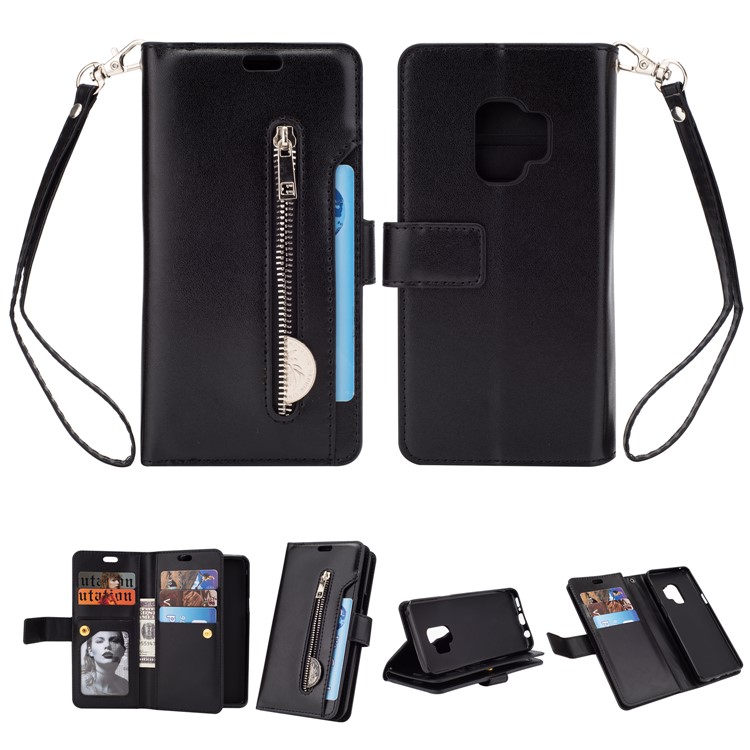 Zippered Leather Magnetic Stand Wallet TPU Shell with Strap for Samsung Galaxy S9 - Black-1