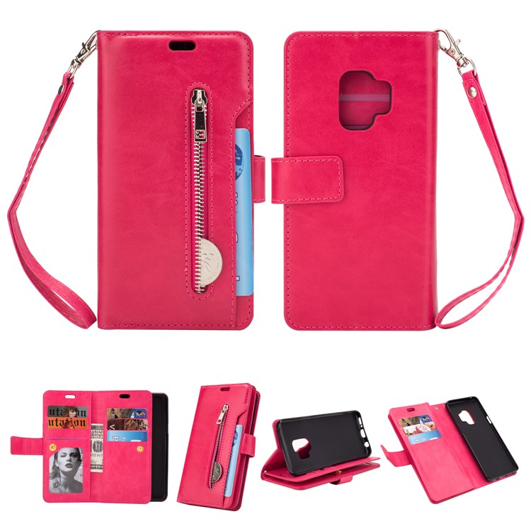 Zippered Leather Magnetic Stand Wallet TPU Case with Strap for Samsung Galaxy S9 G960 - Rose-1