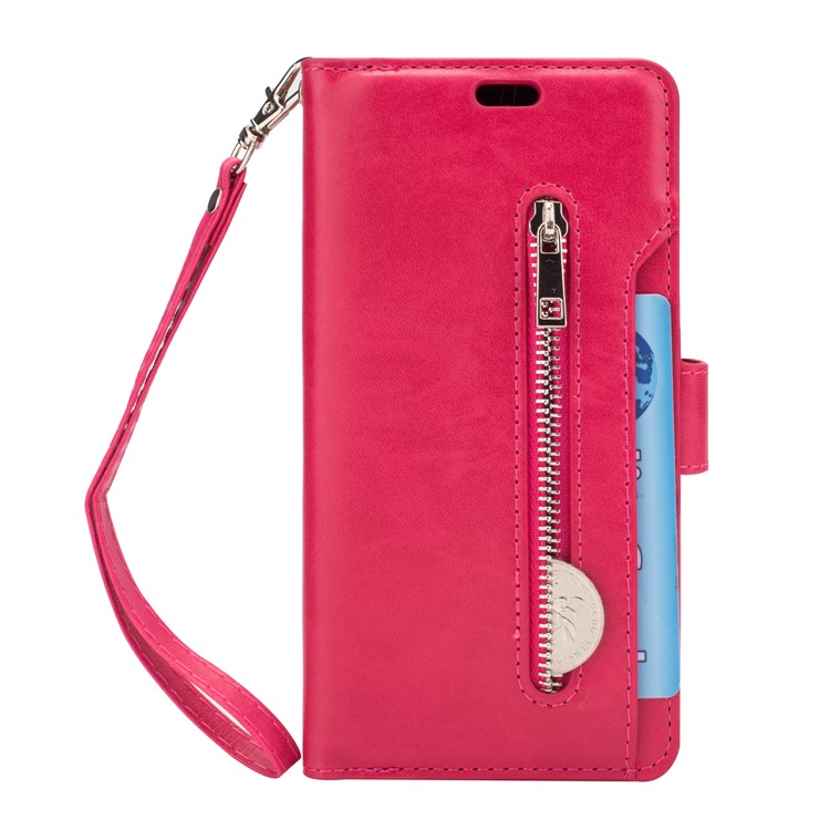 Zippered Leather Magnetic Stand Wallet TPU Case with Strap for Samsung Galaxy S9 G960 - Rose-2