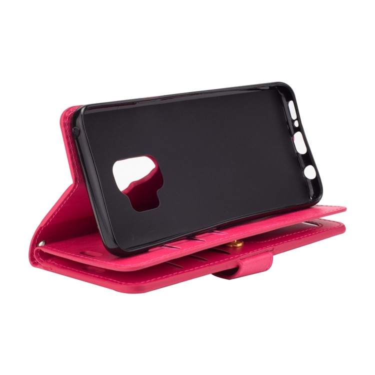 Zippered Leather Magnetic Stand Wallet TPU Case with Strap for Samsung Galaxy S9 G960 - Rose-7