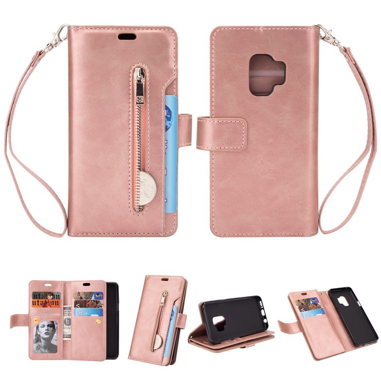 Zippered Leather Magnetic Stand Wallet TPU Cover with Strap for Samsung Galaxy S9 G960 - Rose Gold-1