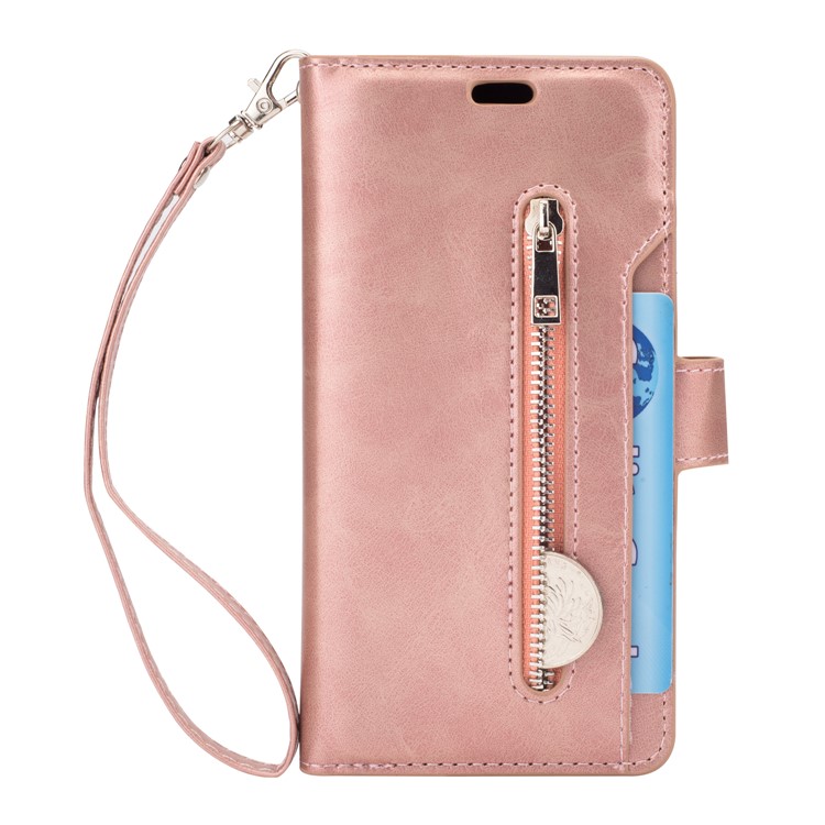 Zippered Leather Magnetic Stand Wallet TPU Cover with Strap for Samsung Galaxy S9 G960 - Rose Gold-2