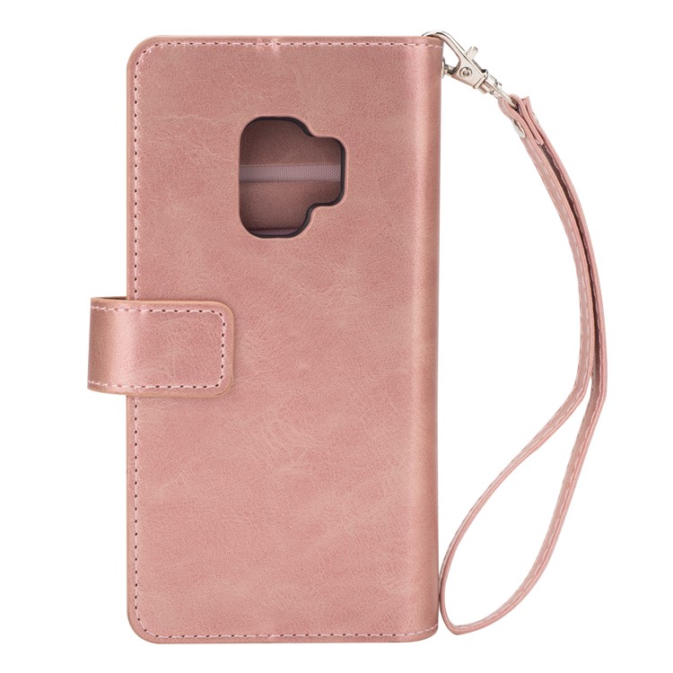 Zippered Leather Magnetic Stand Wallet TPU Cover with Strap for Samsung Galaxy S9 G960 - Rose Gold-3