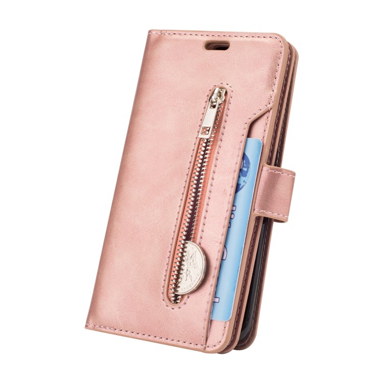 Zippered Leather Magnetic Stand Wallet TPU Cover with Strap for Samsung Galaxy S9 G960 - Rose Gold-4