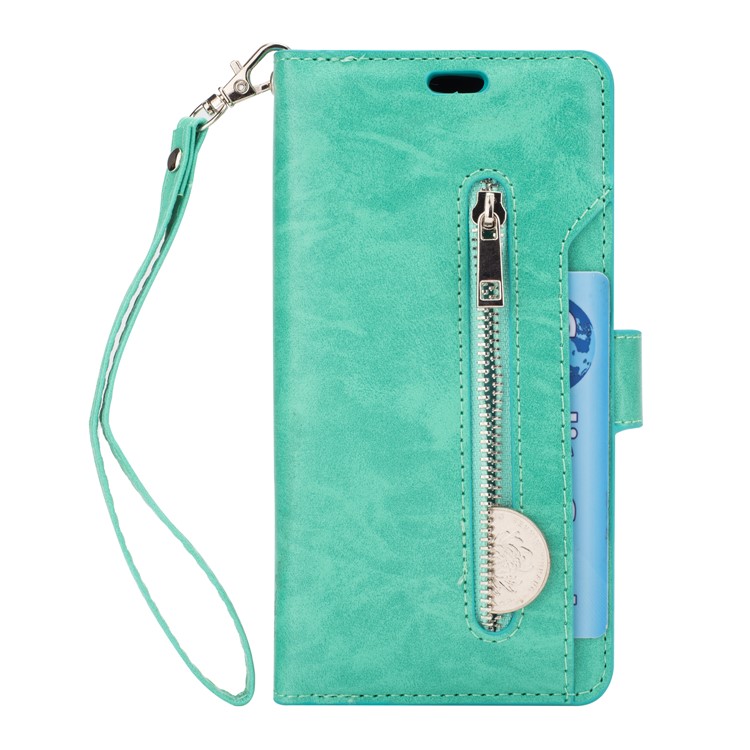 Zippered Leather Magnetic Stand Wallet TPU Mobile Phone Shell with Strap for Samsung Galaxy S9 G960 - Green-2