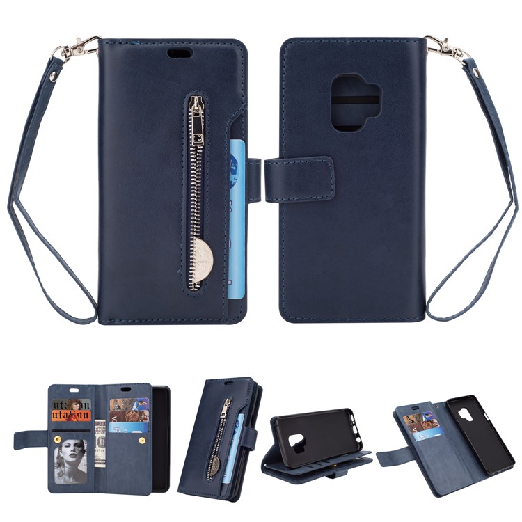 Zippered Leather Magnetic Stand Wallet TPU Cell Phone Shell with Strap for Samsung Galaxy S9 G960 - Dark Blue-1