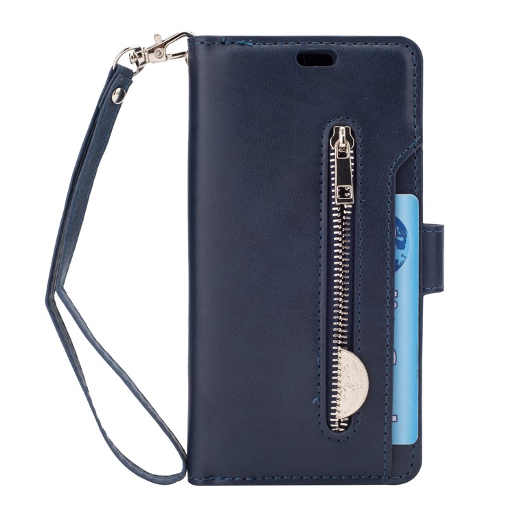 Zippered Leather Magnetic Stand Wallet TPU Cell Phone Shell with Strap for Samsung Galaxy S9 G960 - Dark Blue-2