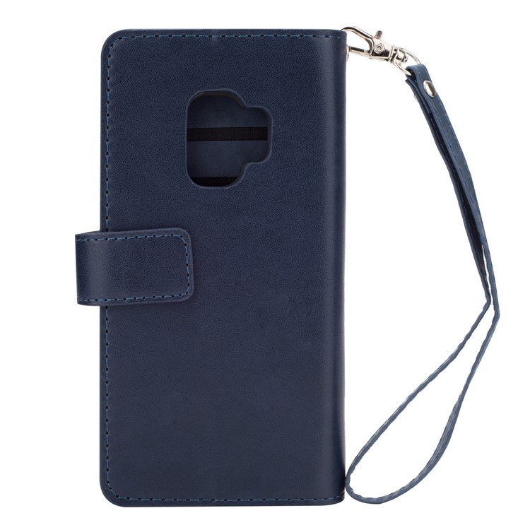 Zippered Leather Magnetic Stand Wallet TPU Cell Phone Shell with Strap for Samsung Galaxy S9 G960 - Dark Blue-3