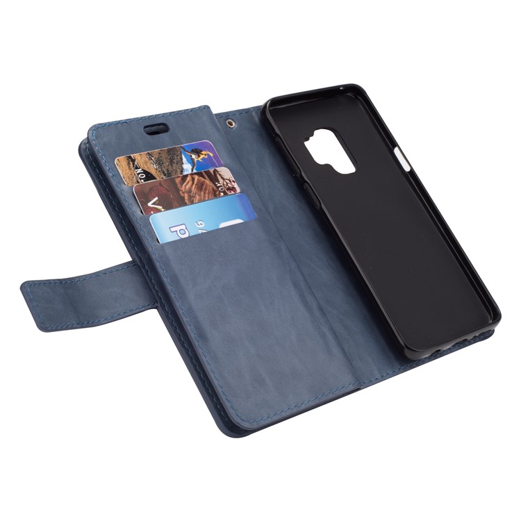 Zippered Leather Magnetic Stand Wallet TPU Cell Phone Shell with Strap for Samsung Galaxy S9 G960 - Dark Blue-6