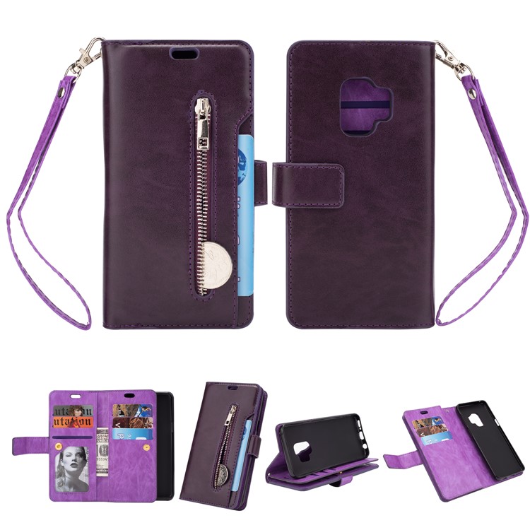 Carteira de Suporte Magnético de Couro Com Zíper Tpu Casca de Proteção Com Cinta Para o Samsung Galaxy S9 G960 - Roxo