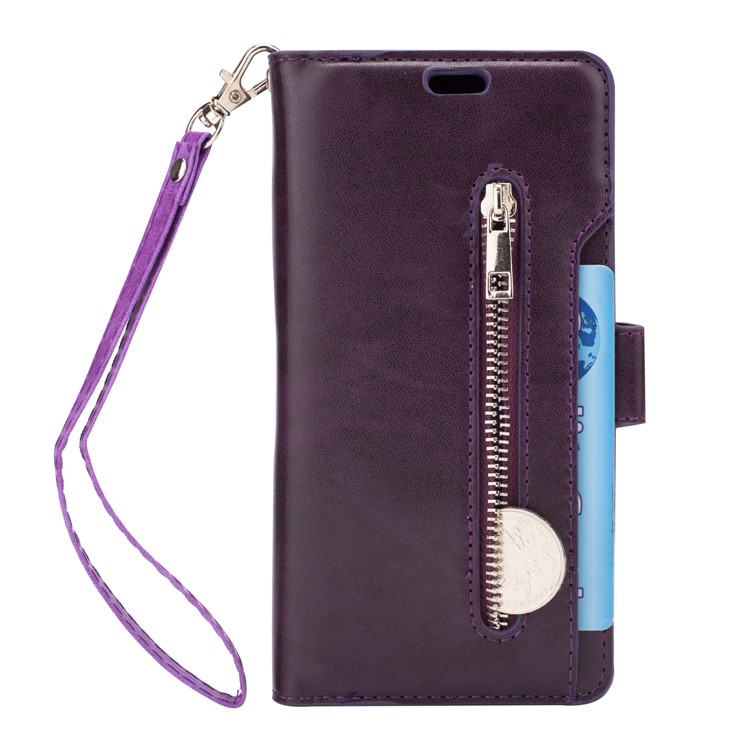 Portefeuille de Support Magnétique en Cuir à Fermeture Éclair Tpu Avec Sangle Pour Samsung Galaxy S9 G960 - Violet