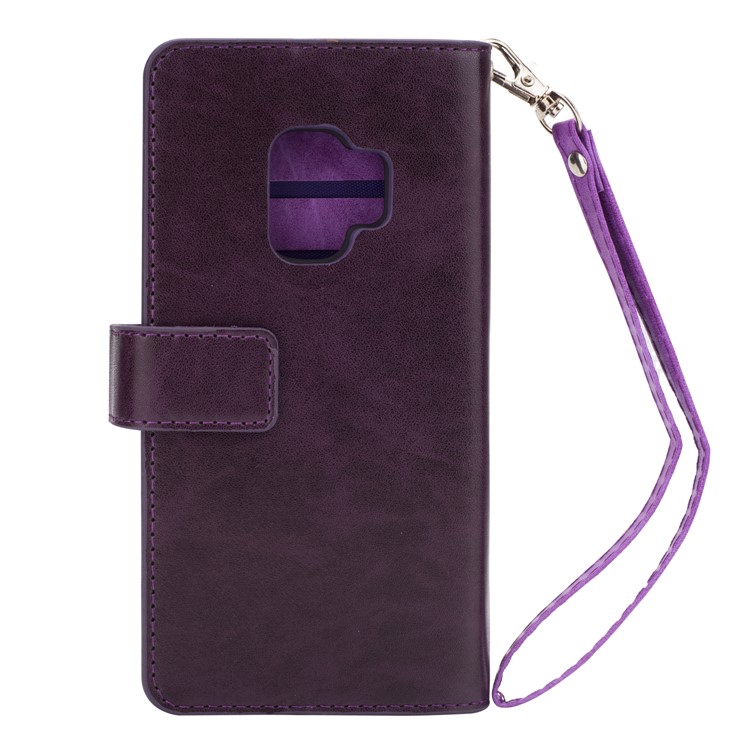 Carteira de Suporte Magnético de Couro Com Zíper Tpu Casca de Proteção Com Cinta Para o Samsung Galaxy S9 G960 - Roxo-3