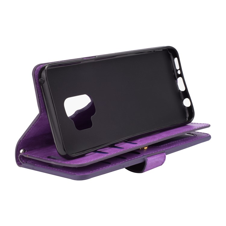 Carteira de Suporte Magnético de Couro Com Zíper Tpu Casca de Proteção Com Cinta Para o Samsung Galaxy S9 G960 - Roxo