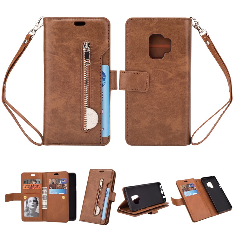 Zippered Leather Magnetic Stand Wallet TPU Protective Mobile Shell with Strap for Samsung Galaxy S9 - Brown-1