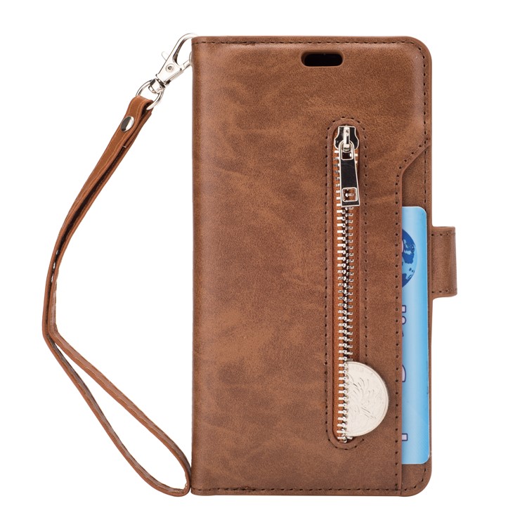 Zippered Leather Magnetic Stand Wallet TPU Protective Mobile Shell with Strap for Samsung Galaxy S9 - Brown-2