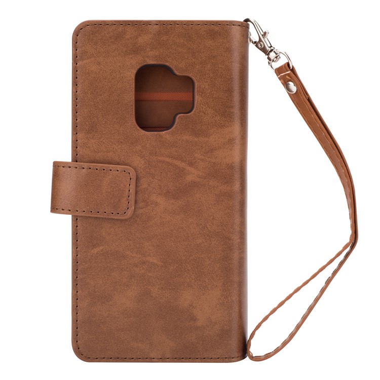 Zippered Leather Magnetic Stand Wallet TPU Protective Mobile Shell with Strap for Samsung Galaxy S9 - Brown-3