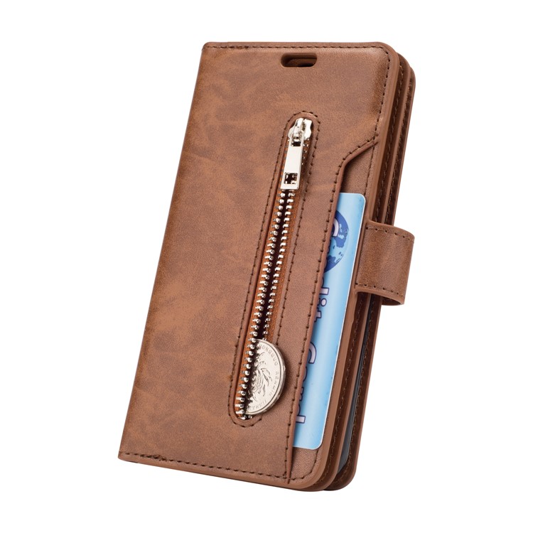 Zippered Leather Magnetic Stand Wallet TPU Protective Mobile Shell with Strap for Samsung Galaxy S9 - Brown-5
