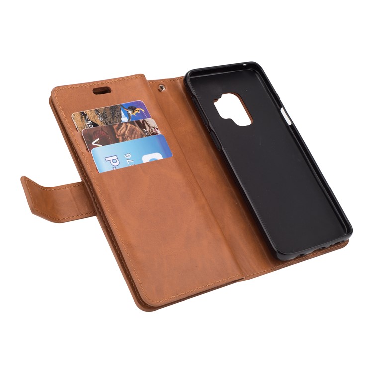 Zippered Leather Magnetic Stand Wallet TPU Protective Mobile Shell with Strap for Samsung Galaxy S9 - Brown-7