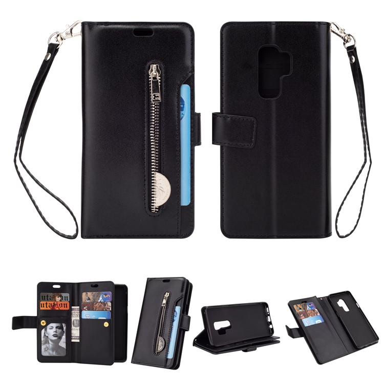 Zippered Leather Magnetic Stand Wallet TPU Shell with Strap for Samsung Galaxy S9+ - Black-1