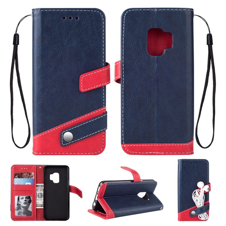 Two-color Design Wallet Leather Stand Cover for Samsung Galaxy S9 G960 - Dark Blue-1
