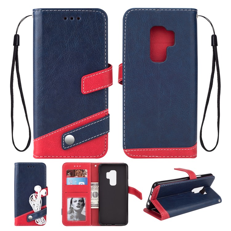 Two-color Design Wallet Leather Stand Cover for Samsung Galaxy S9+ - Dark Blue-1