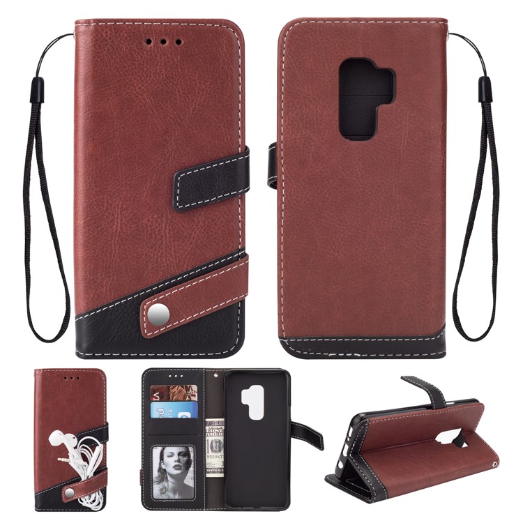 Two-color Design Leather Wallet Case with Stand for Samsung Galaxy S9+ - Brown-1